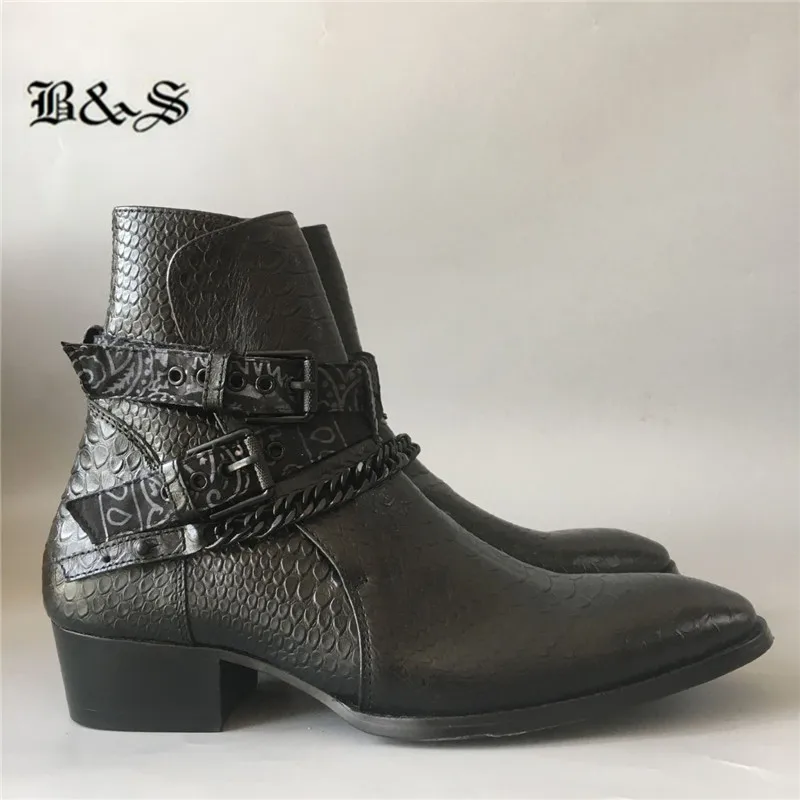 

Black&Street exclusive luxury bandana strap black chain real leather Crocodile pattern Chelsea men boots real picture