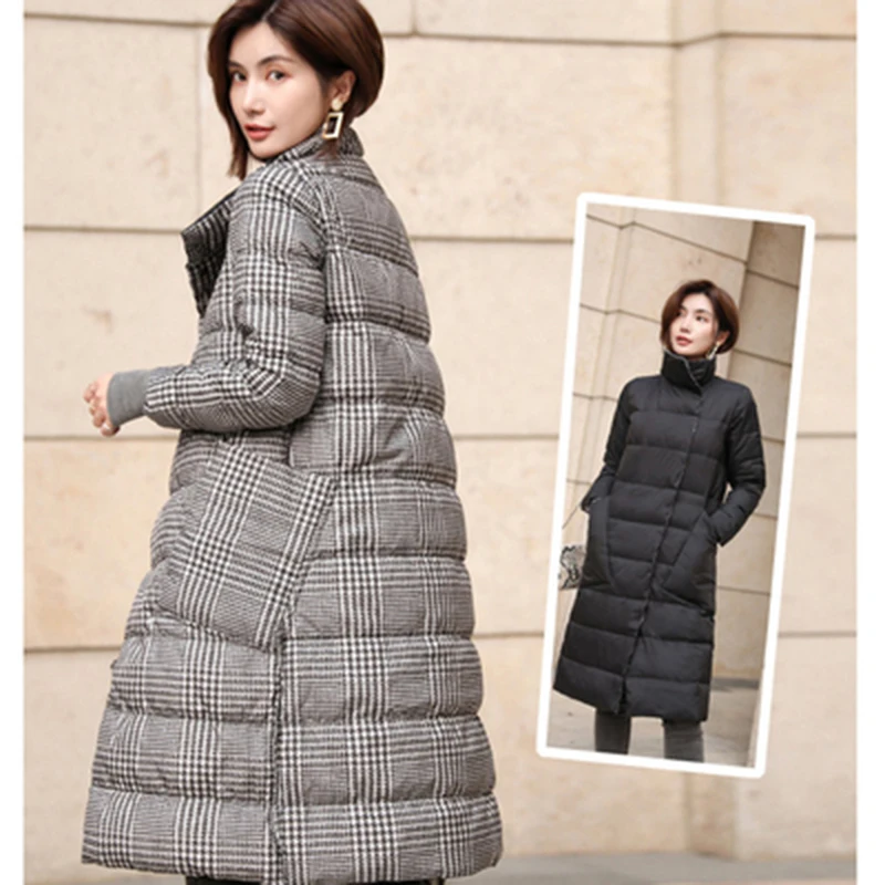 Duck Down Jacket Women Winter Long Thick Double Sided Plaid Coat Female Warm Down Parka For Women Slim Clothes 2024