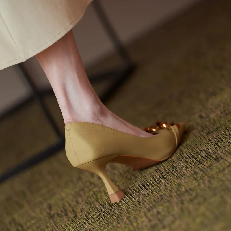 Pointed Toe Women Pumps Metal Chain Shallow Design Thin High Heels Pumps Yellow Shoes Office Pumps Work Shoes Woman Size 34-39