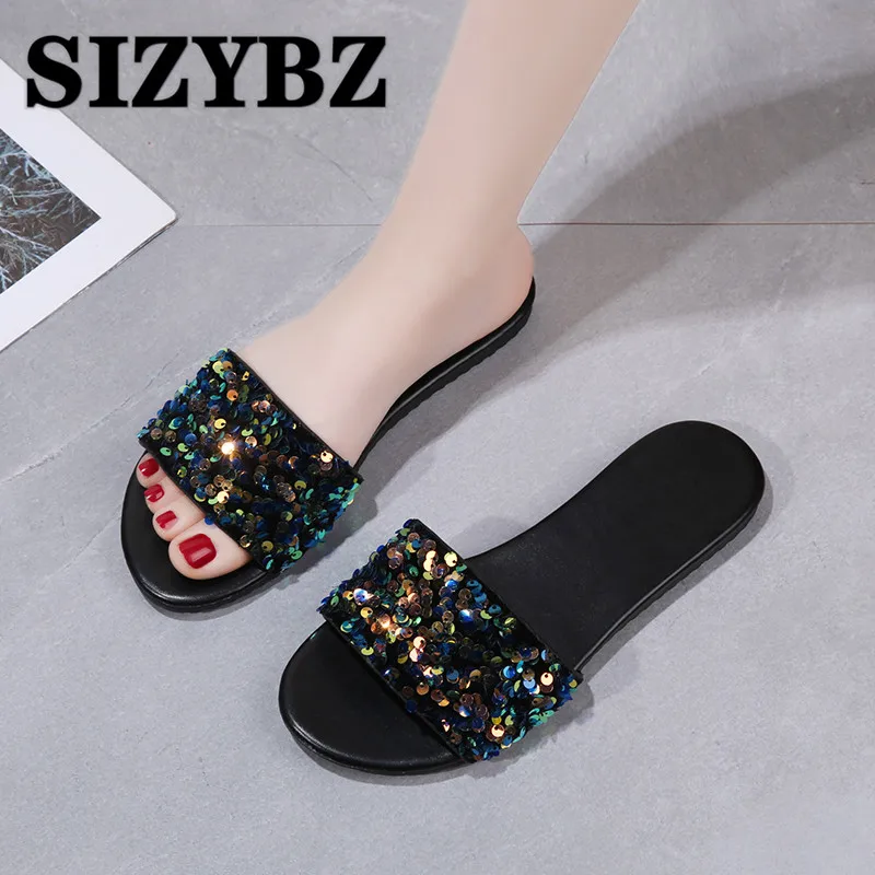 Glitter Slippers Women Summer Sandals New Fashion Bling Female Candy Color Flip Flops Beach Diamond Flat Shoes Outdoor Slippers