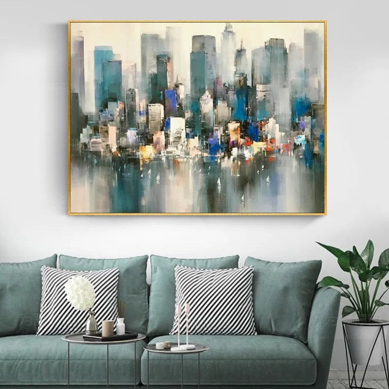 Minimalist Modern Architecture Banner Mural Painting The Living Room Study Decorative hand-painted Oil Sharply Manhattan Citysca