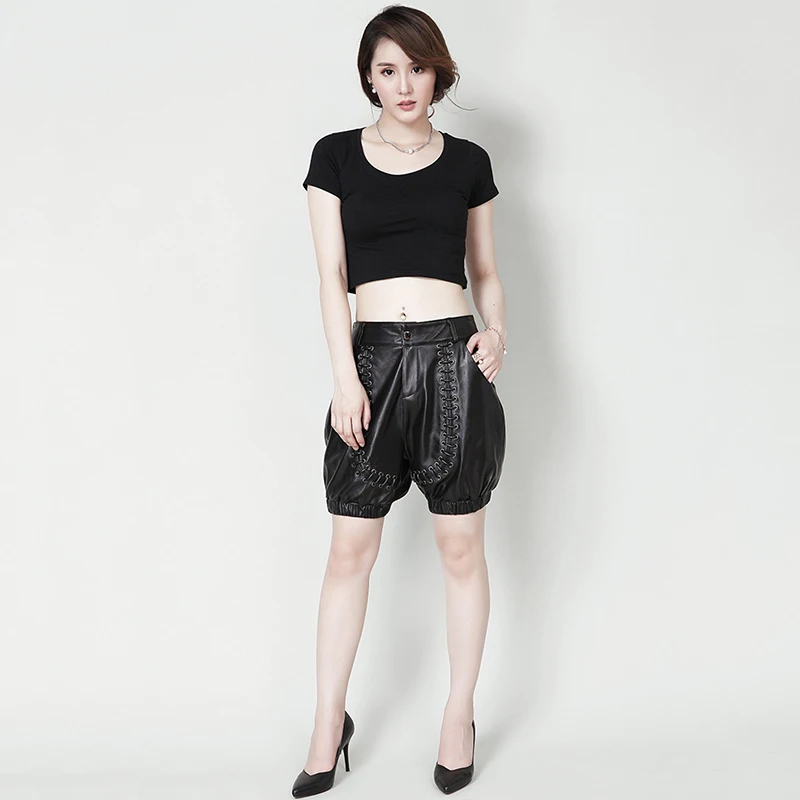 

Spring Lantern Women Sheepskin Genuine Leather Black Lace Up High Waist Harajuku Hip Hop Female Sexy Shorts Punk