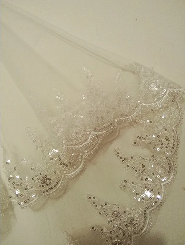 Véu de casamento com apliques de renda longa com pente, tule elegante, duas camadas, barato, 75cm