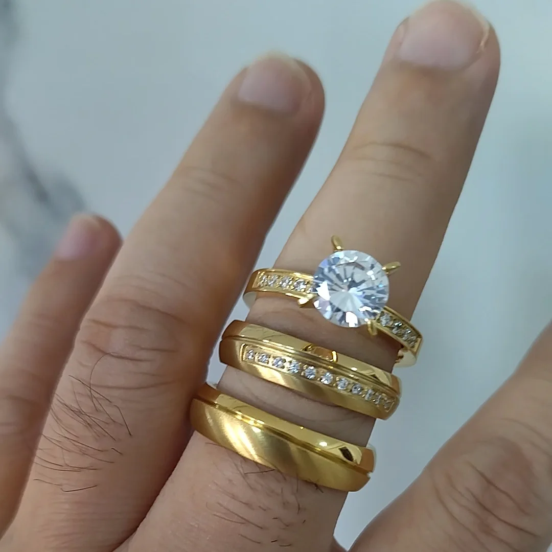 

3pcs Wedding Engagement Rings Bridal Set for Men Women Cz Moissanite Diamond Ladies Gents 18k Gold Plated Love Couple Alliances