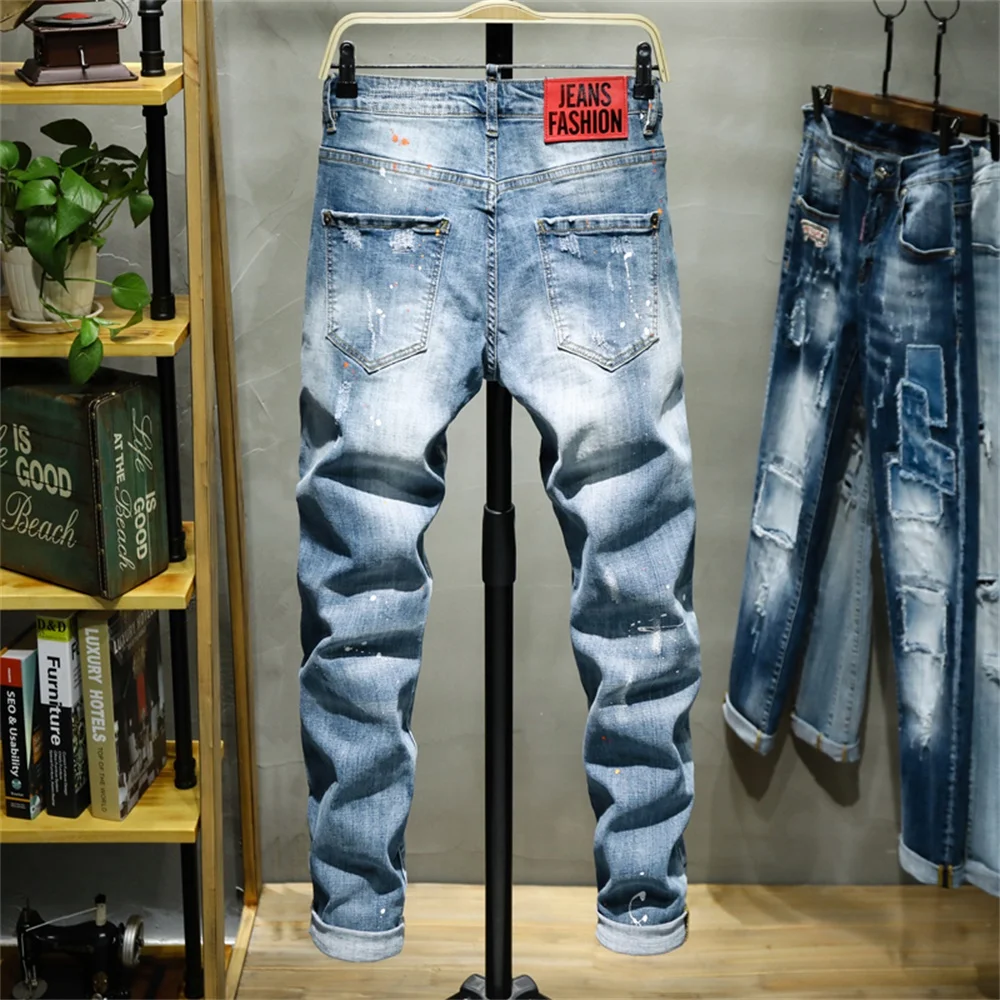 EH · MD® Hole-lined Printed Letter Jeans Men's Splash Ink Paint Dots Soft Casual Loose Cotton Elastic Trousers Mustache Red Ears