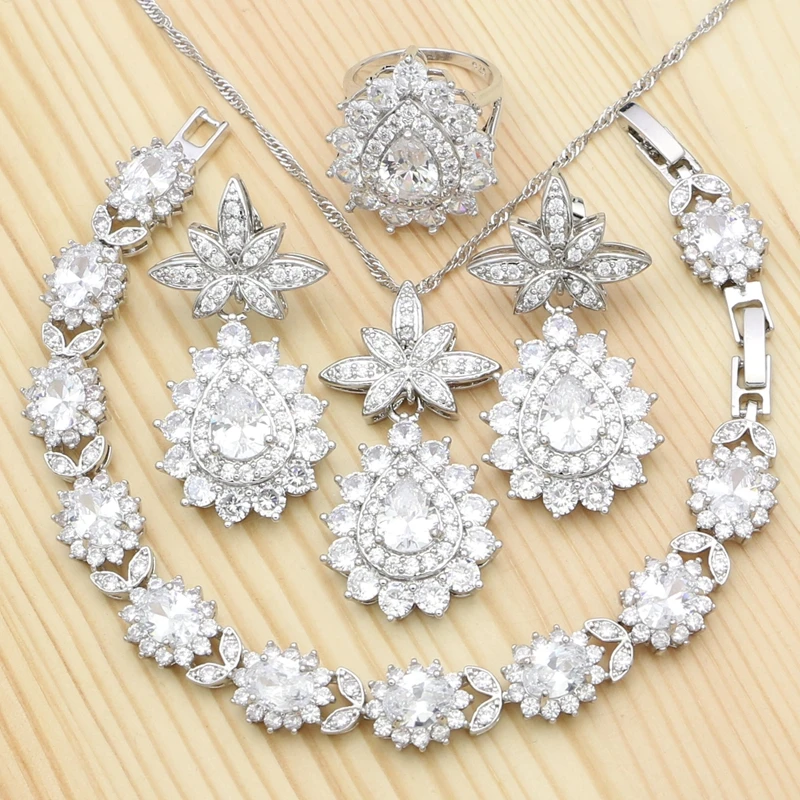 Silver 925 Sets Jewelry Kits For Bride Cubic Zirconia Crystal Water Drop Ring Bracelet Pendant Earrings Necklace Jewellery Set