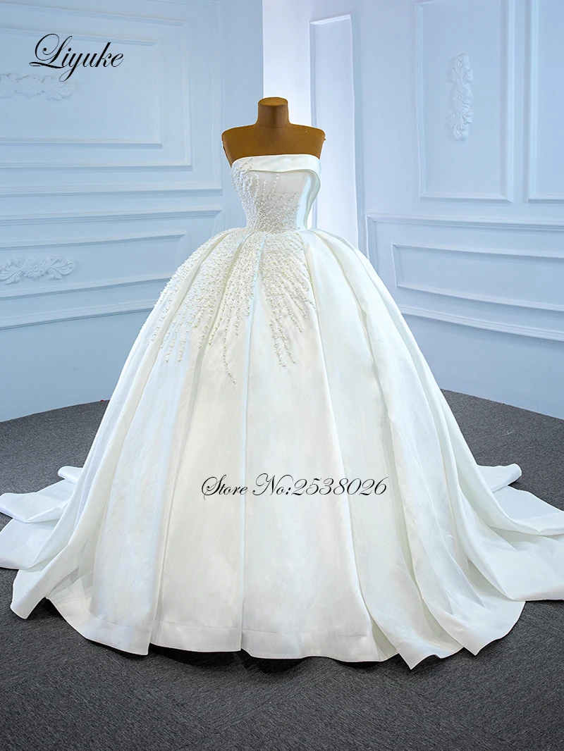 Liyuke Exquisite Pearls Boat Neck Sleeveless Ball Gown Wedding Dress With Gorgeous Pleat Satin Skirt Bridal Gown