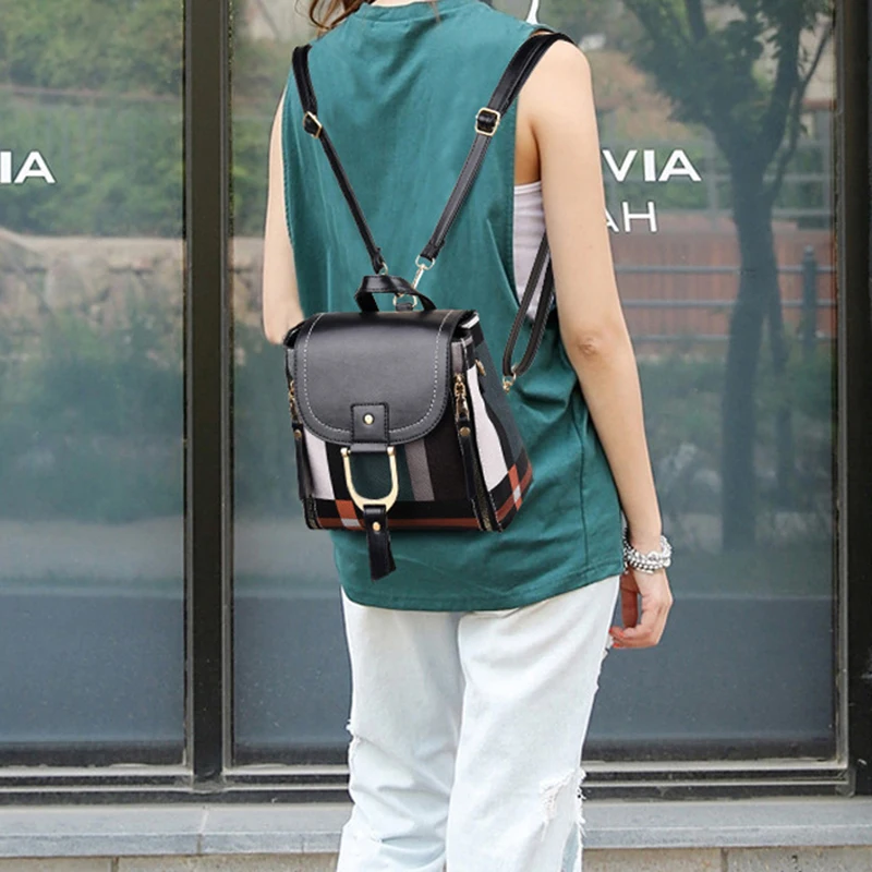 Fashion Small Pu Leather Backpack Shoulder Bags For Women Retro Plaid School Knapsack High Quality Travel Rucksack Shopping Bag