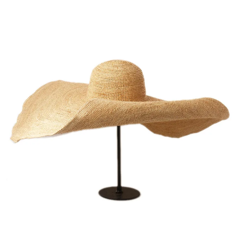 

2021 New Hand-woven 30cm Oversized Raffia Straw Hat For Women Stage Catwalk Style Beach Seaside Vacation Cap Foldable VRIGINER