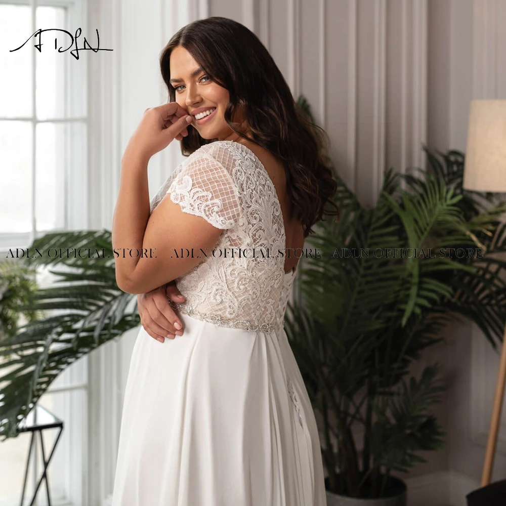 Vestido de novia elegante de gasa con cuello en V, manga corta, cuentas, espalda con cordones, talla grande