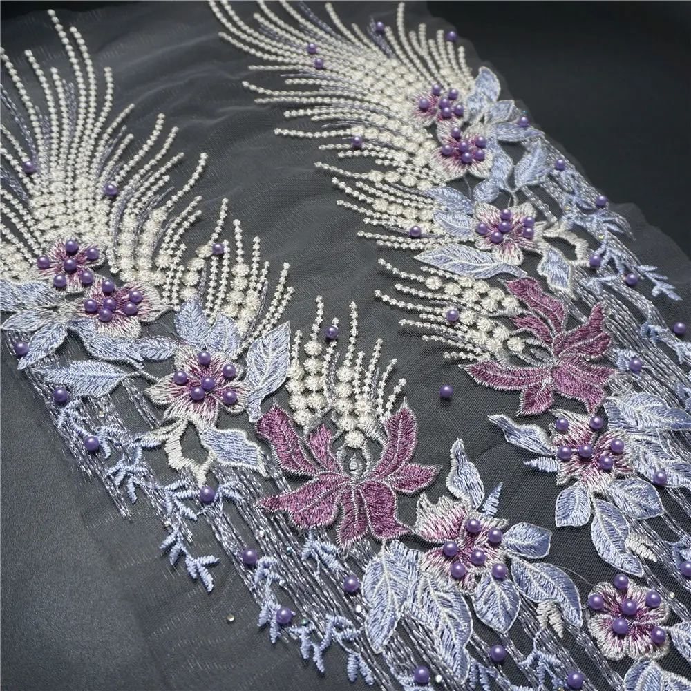 1 Set Purple Lace Fabric Flower Tassel Beads Rhinestone Embroidered Wedding Gown Appliques Mesh Sew Patch For Dress DIY Decor