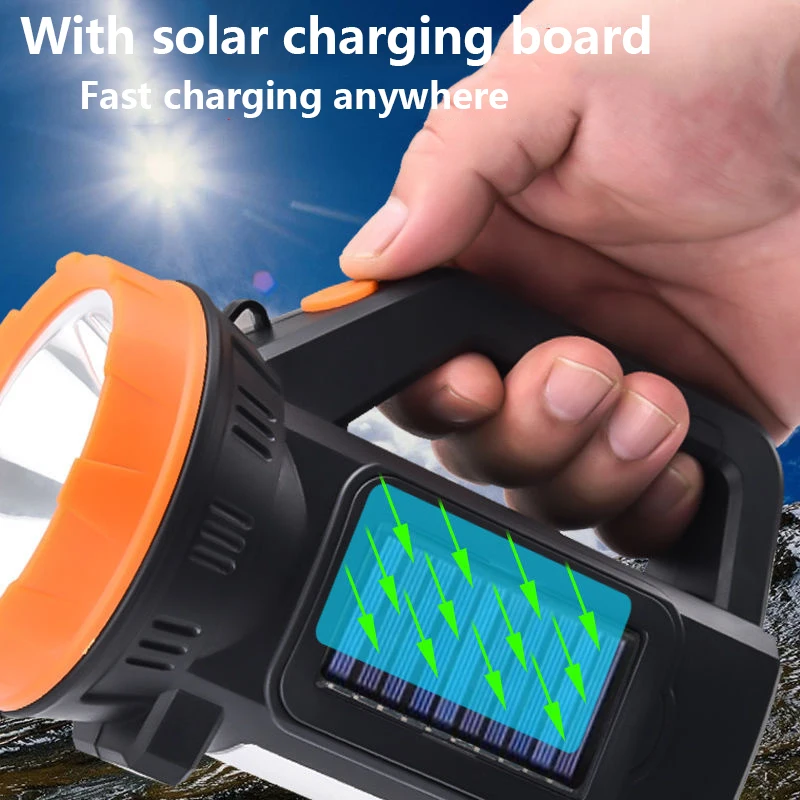 Super Bright Solar/USB Rechargeable Searchlight Work Light Outdoor Tent Light Protable Handheld Waterproof Camping Flashlight