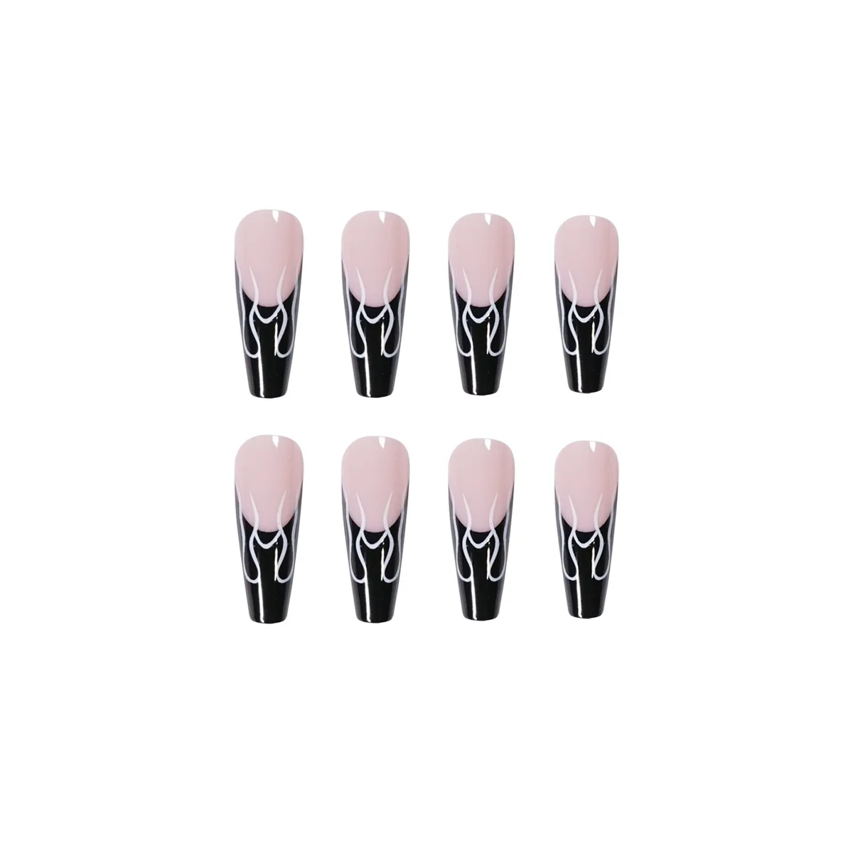 24pcs Black French False Nails Extra Long Fire Pattern Coffin Fake Nails with Glue Fingernail DIY Faux Ballerina Nail Art Tips