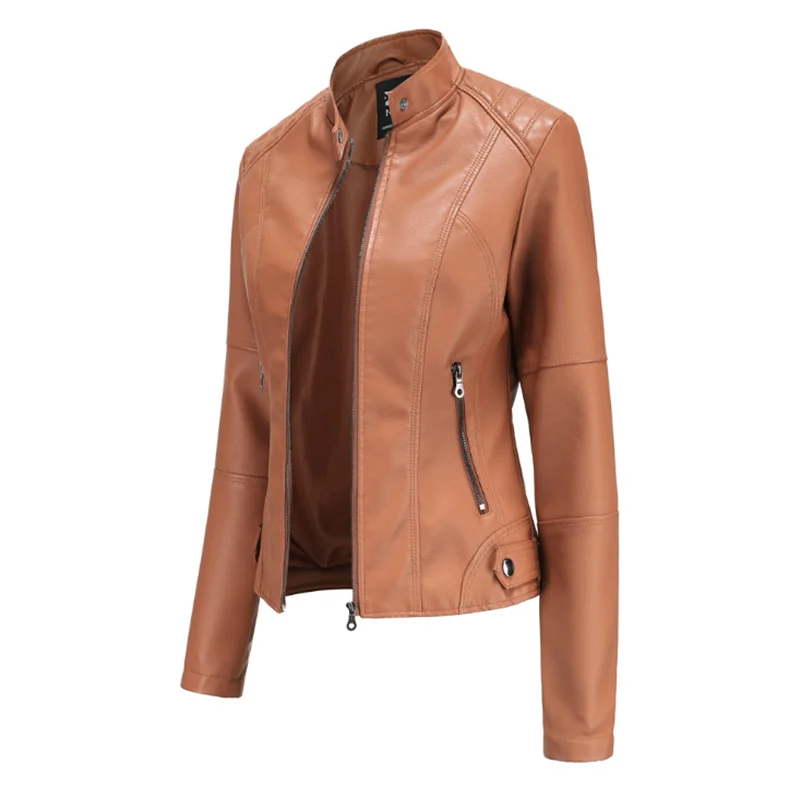 Chaqueta ajustada de cuero para mujer, chaqueta de PU fina, ropa de motocicleta para mujer, talla grande, cuello alto, Primavera, nuevo