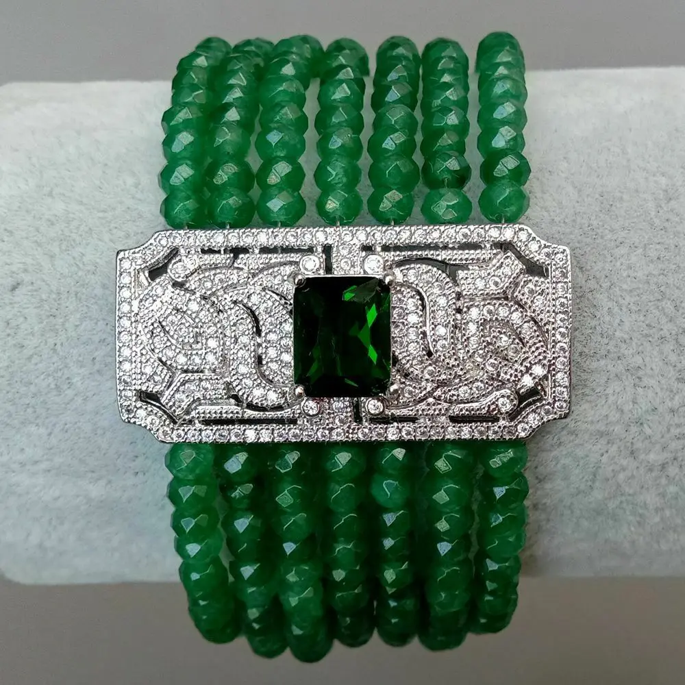 

8'' 7 Rows Green Rondelle Jade CZ Pave Connector Bracelet