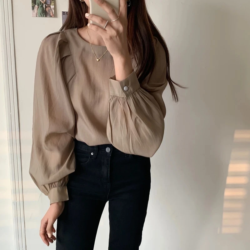 

Ladies O-neck Sweet Office Blouse Women High Quality Full-Sleeved Casual Loose Solid Shirts
