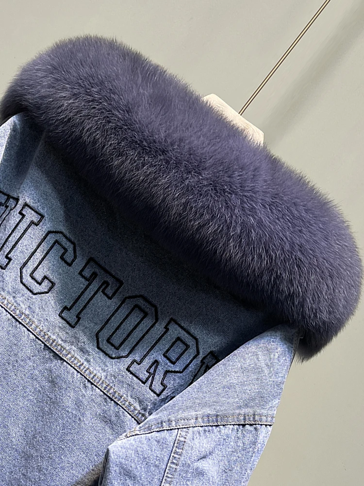 Winter Nieuwe Echt Konijnenbont Liner Denim Parka Letters Borduren Dikke Jean Jas Vrouwelijke Losse Vos Bontkraag Jas Bovenkleding