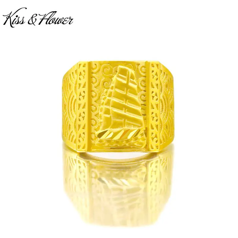 

KISS&FLOWER RI59 2022 Fine Jewelry Wholesale Fashion Man Boy Birthday Wedding Gift Wide Square Sailboat 24KT Gold Resizable Ring