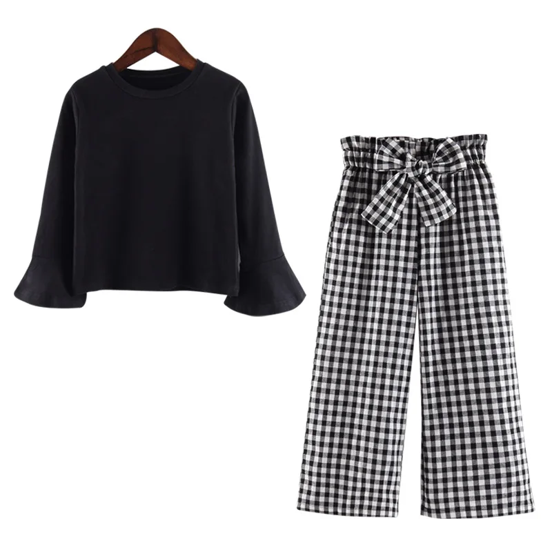 Baby Girls Clothes Sets Fashion Toldder Kids Solid Black Long T Shirt Tops Plaid Bow Pants Outfits 3 4 6 8 9 10 11 12 14 Years