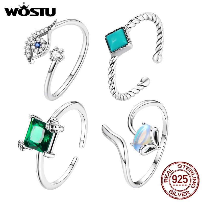 WOSTU 925 Sterling Silver Demon Open Rings Eye Geometric Turquoise Square CZ Finger Rings for Women Wedding Engagement Jewelry