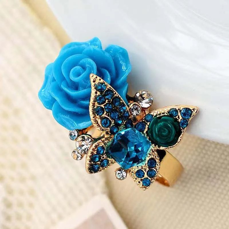 Fashion Creative Big Butterfly Flowers Crystal Wedding Open Rings for Women Gold Color Zircon Adjustable Jewelry Girl Bijoux