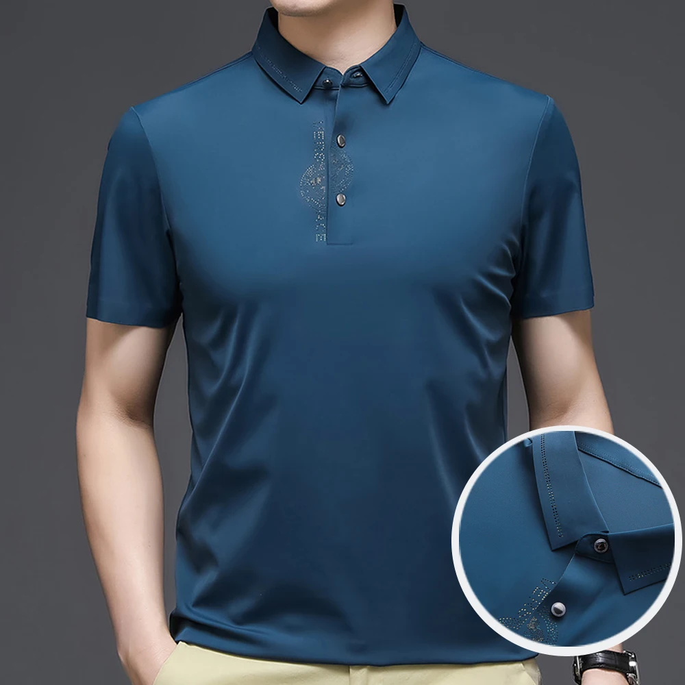 Anti-wrinkle Seamless Men's Solid Polo Shirt Short Sleeve Summer Brand Business Polos Casual Fashion Diamond Print Lapel Top 4XL