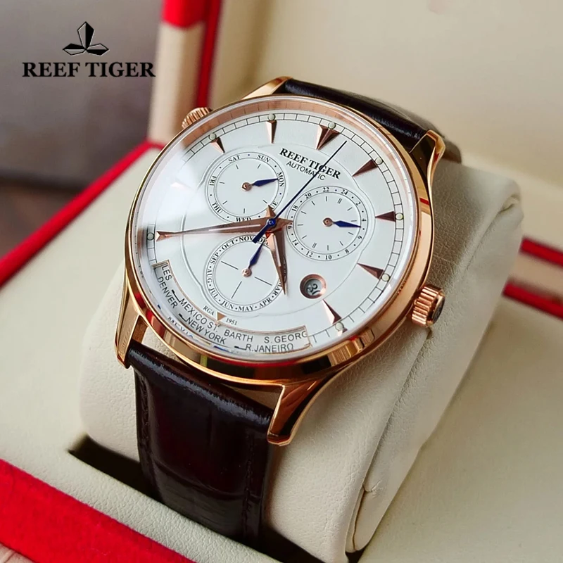 Reef Tiger/RT World Time Watches Date Day Month Rose Gold Case Leather Strap Watch Double Time Mens Automatic Mechanical Watch