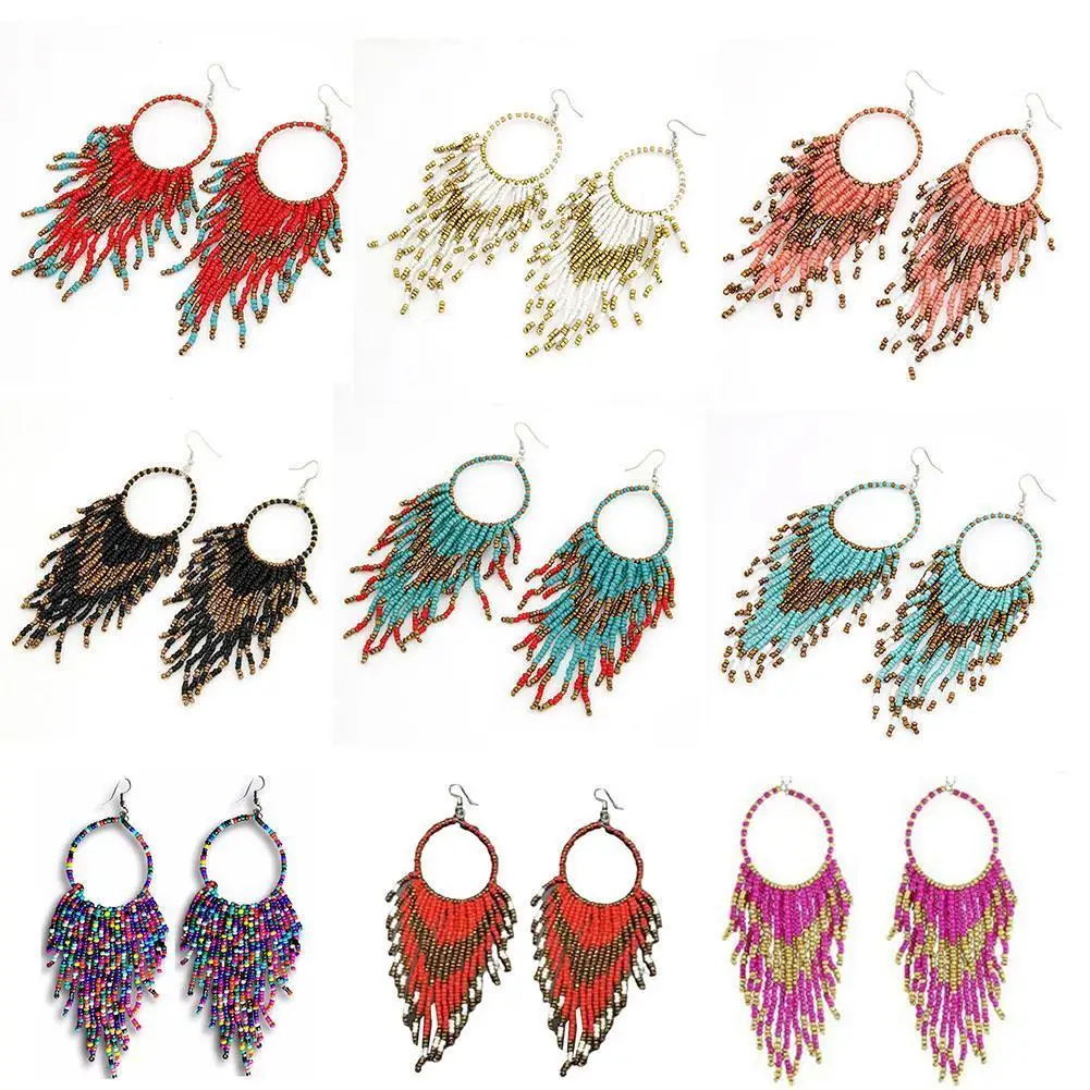 2020 Ladies Fashion Trend New Earrings Temperament Retro Bohemian Ethnic Style Long Rice Bead Tassel Earrings