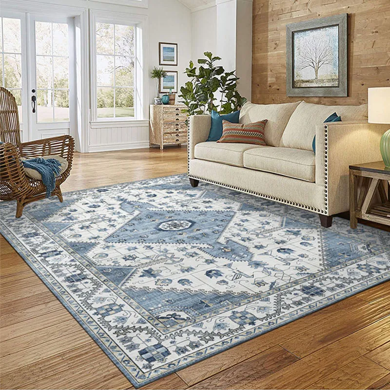 Vintage Blue Carpet American Countryside Living Room Carpet Ethnic Table Mat Persian Carpet Floor Rug for Bedroom Decor Home Rug