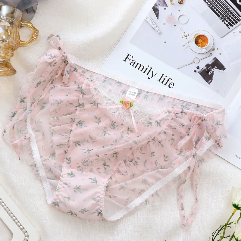 Female Hollow Out Transparent Panties Summer Quick-drying Ultra-thin Mesh Briefs Sexy Print Strap Underwear Large Size Lingeri