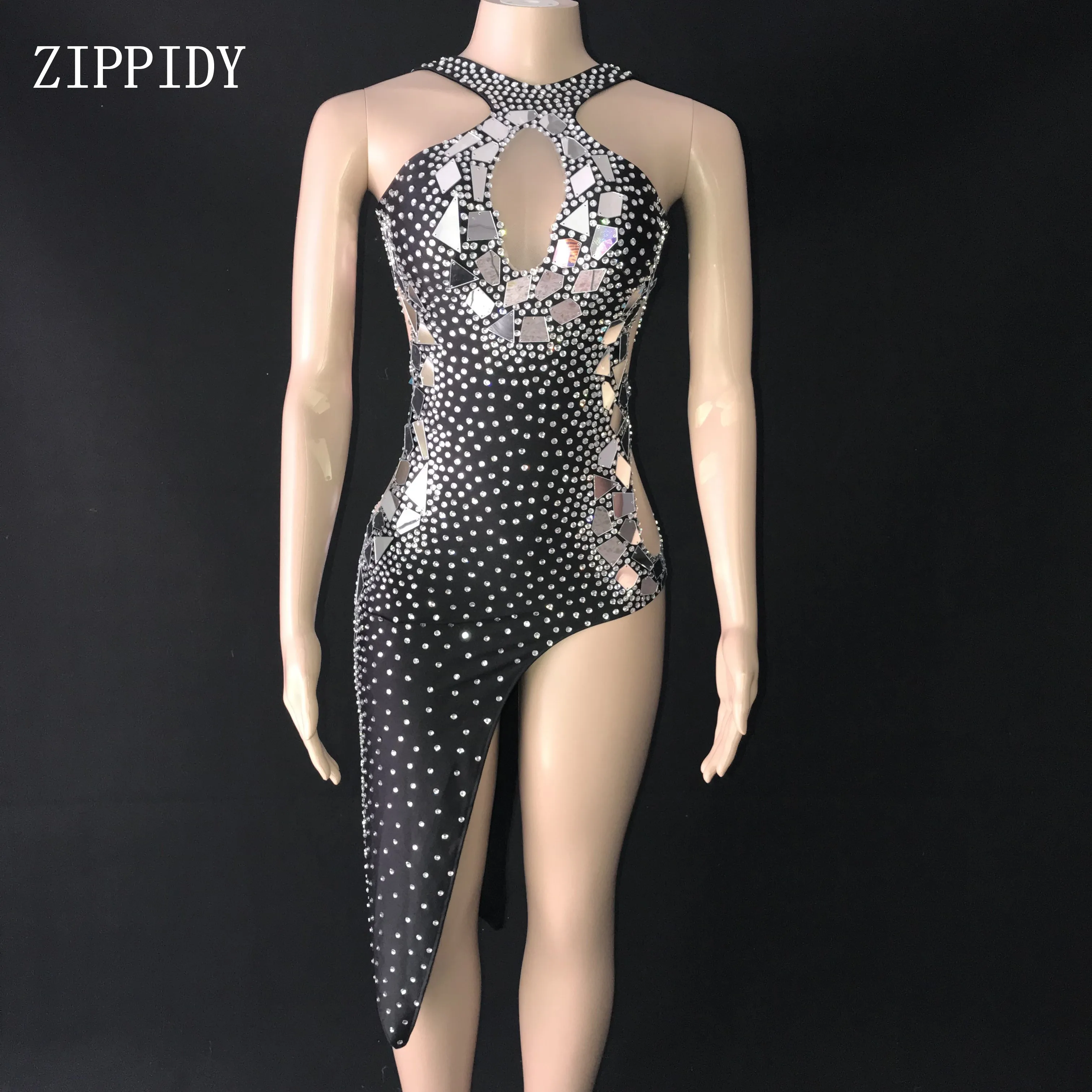 

Flashing Silver Mirrors Rhinestones Dress Birthday Celebrate Black Shining Stage Latin DRESS Evening Bar Singer Dancer Show Outfit