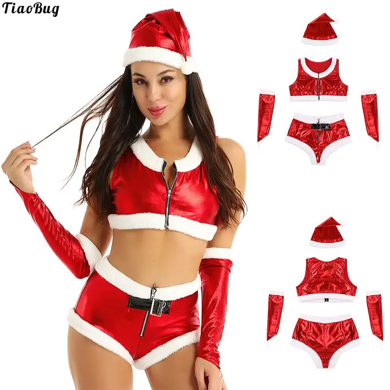 TiaoBug 4Pcs Women Hot Santa Babe Costume Christmas Fancy Dress Outfit Flannel Crop Top And Shorts With Hat Fingerless Gloves