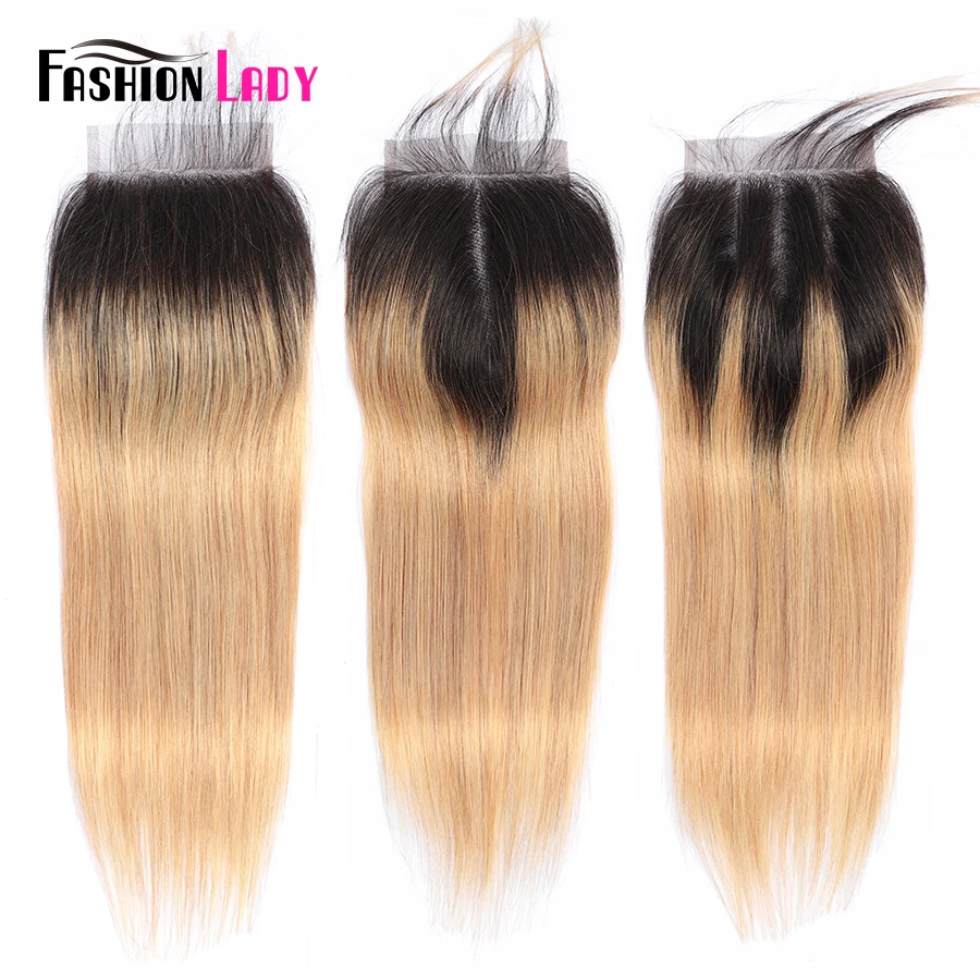 Human Hair Closure 4x4 Brazilian Hair T1b/27 Ombre Straight  Closure 100% Human Hair Remy Closure Pre Plucked With Bady hair