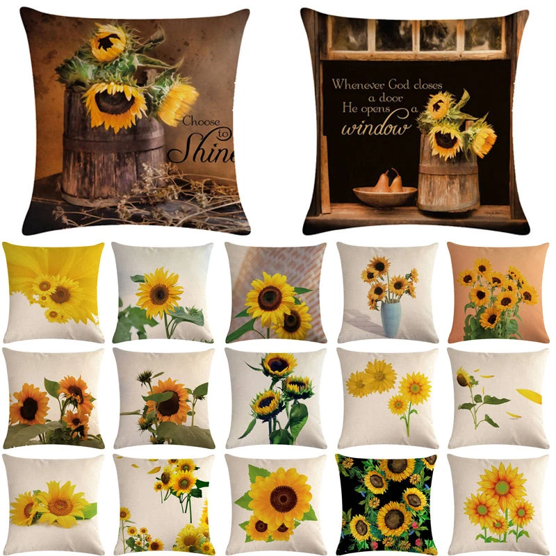 1pcs Sunflower Pattern Cotton Linen Throw Pillow Cushion Cover Car Home Sofa Bed Decorative Pillowcase Funda Cojin Pillows 40653