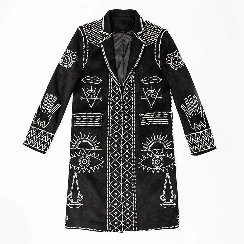 Autumn New Blazer Men Clothing Pearl Rivet Beaded Long Suit Trench Coat Embroidery Fashion Jacket Male Singer Stage Windbreaker