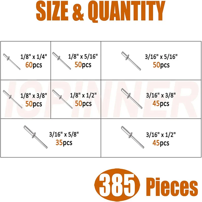 385Pcs อลูมิเนียมโดมหัวตาบอด Pop Rivets M3.2 M4ชุด Rivets เล็บเปิด Blind Rivets สำหรับเฟอร์นิเจอร์รถเครื่องบิน