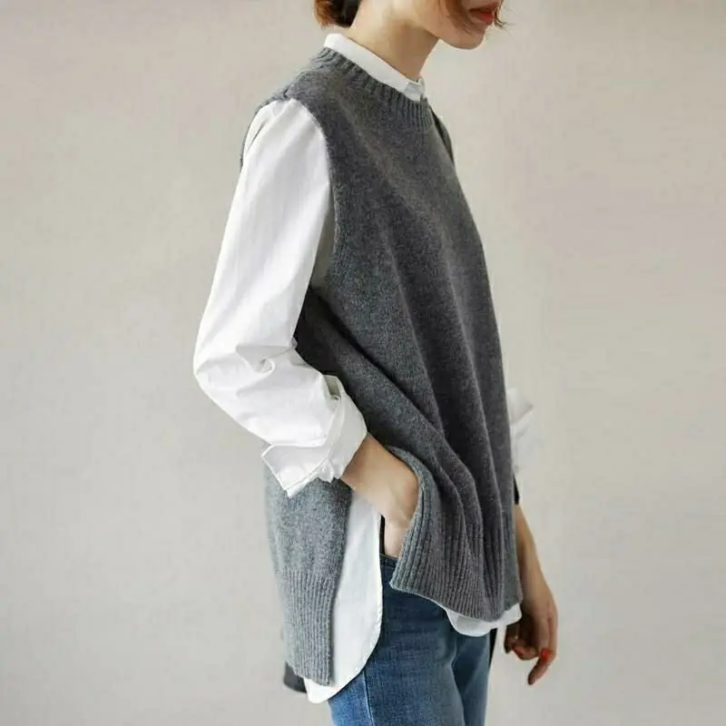 Women Sweater Vests Solid O-neck Side-slit Knitted Fashion Simple All-match Elegant Tender Loose Casual Female Retro Warm Cozy