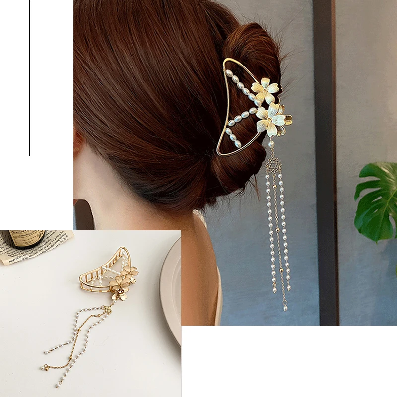 New Women Gold Color Geometric Butterfly Hair Claw Vintage Long Pendant Hair Clips Headband Hairpin Hair Crab Hair Accessories