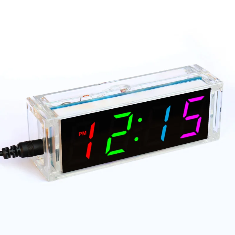 DIY Clock kit 4 digital tube multicolor LED time week temperature date display with clear case cover diy sodering project