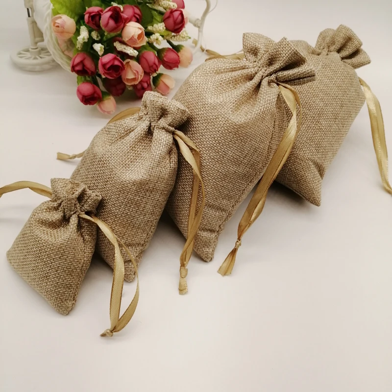 50pcs Sack Jute Gift Bag Silk Ribbon Drawstring Jute Bag Jute Webbing Handles for Bags Gift Packaging Bags Storage Travel Pouch