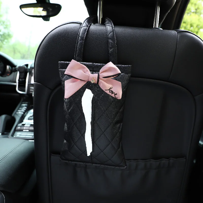 Cute Bowknot Car Tissue Box Auto Seat Headrest Hanging Leather Paper Tower Holder Organizer Styling Car Interior Accessories