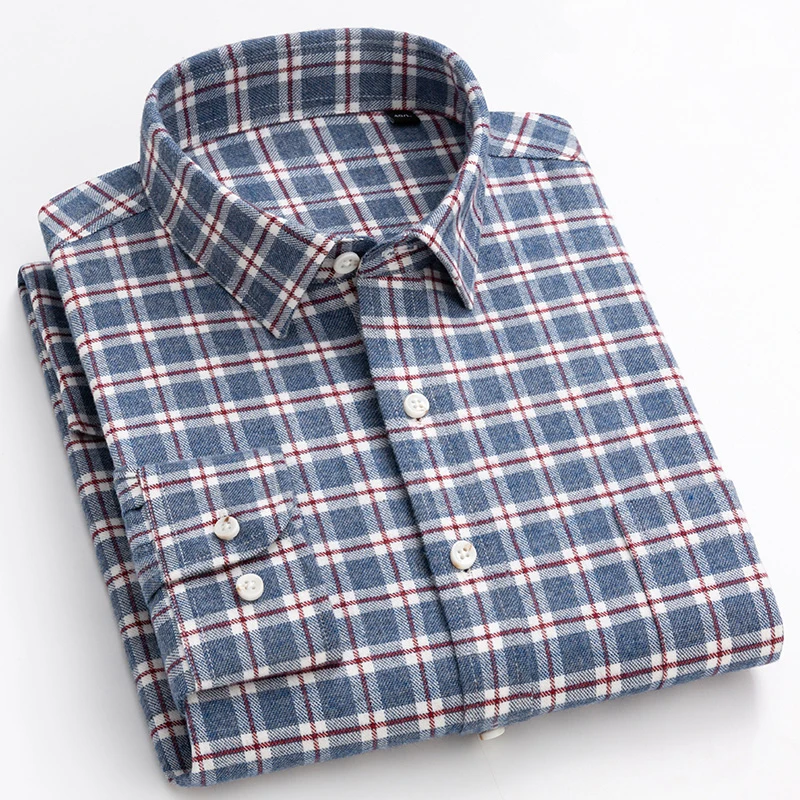 Camicia a quadri Casual da uomo in cotone 100% tasca a toppa singola comoda camicia a maniche lunghe abbottonata a righe in cotone Standard