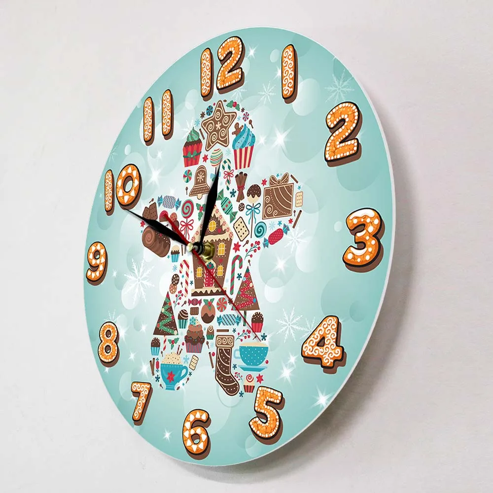 Christmas and New Year Gingerbread Cartoon Silent Wall Clock Cute Holiday Cookies Decorative Clock Ginger Desserts Wall Watch