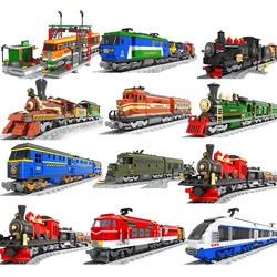 Juego de tren de ciudad, vehículo de bala de vapor, estación de tren de carga, modelo, bloques de construcción, pistas de ladrillo, riel sin Motor, Kits de carro, juguete para niños