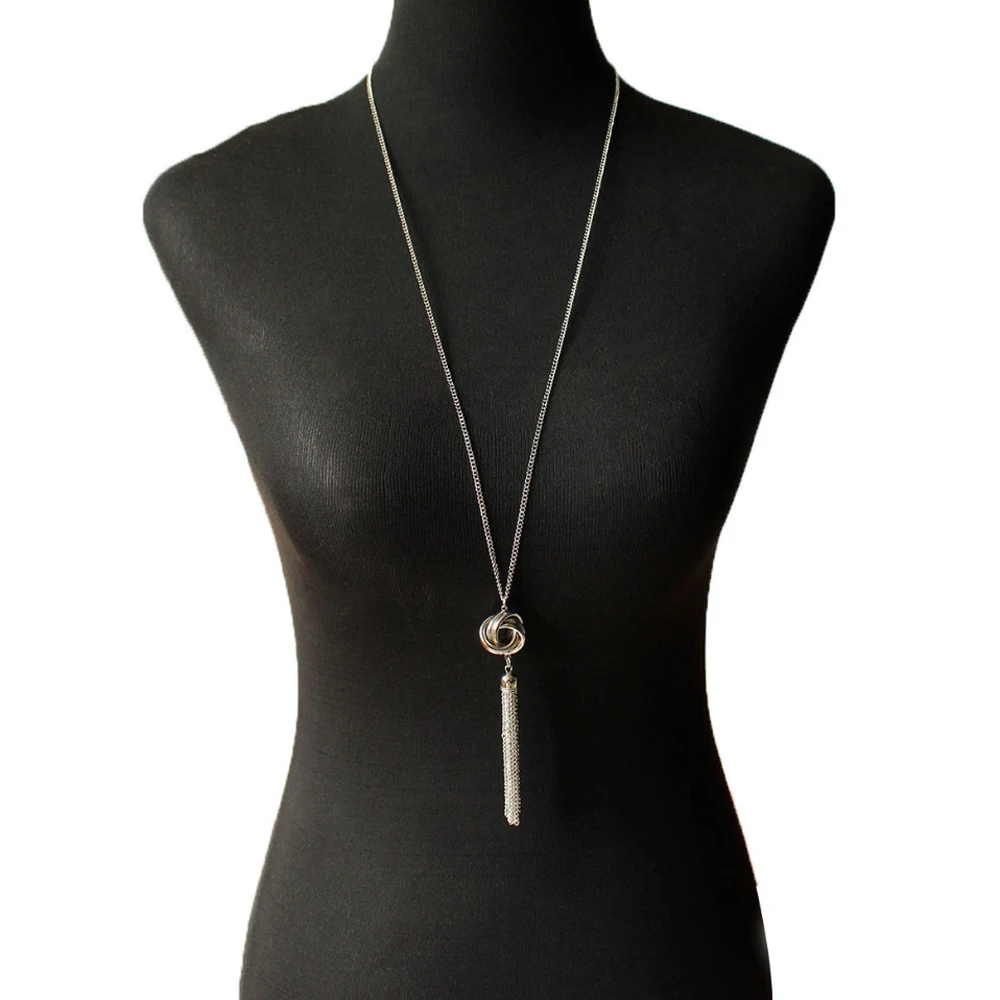 Long pendant necklace sweater Necklace circle pendant with tassel silver color plated Metal Chain