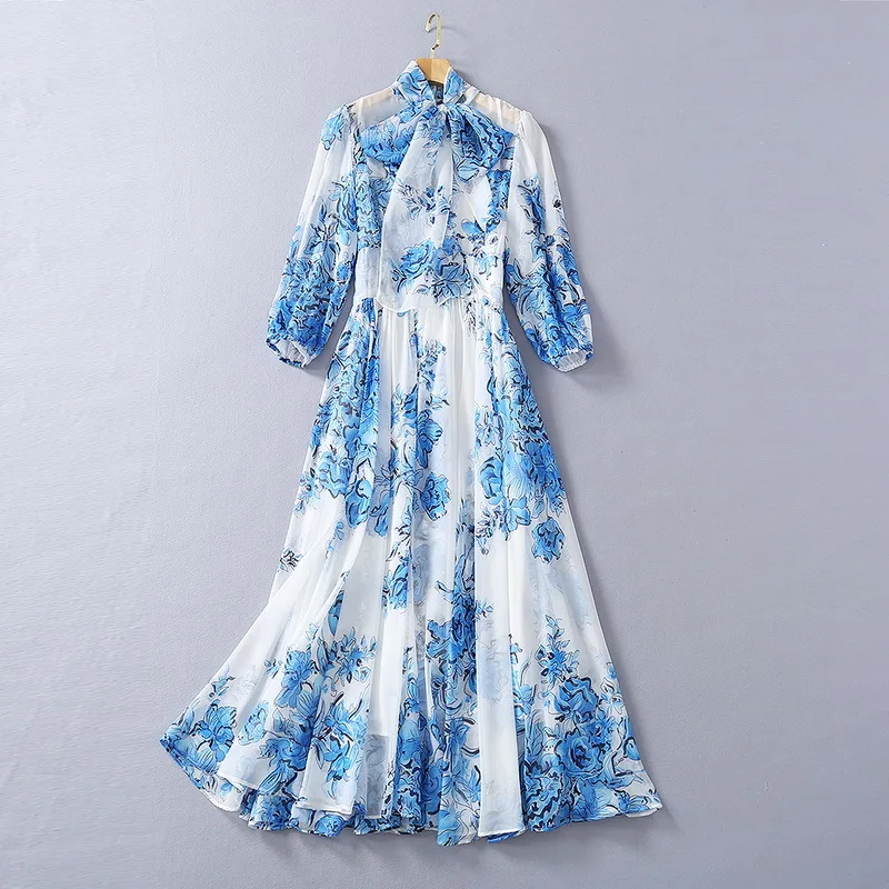 

European and American women's clothing 2021 New Style for Spring Three-quarter sleeve bow collar blue print Fashion dress