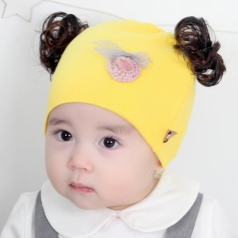 Baby Hat Artificial Fake hair   Boy Cap Cotton Printing Pompom Bobble  For Girls Winter Children s Caps