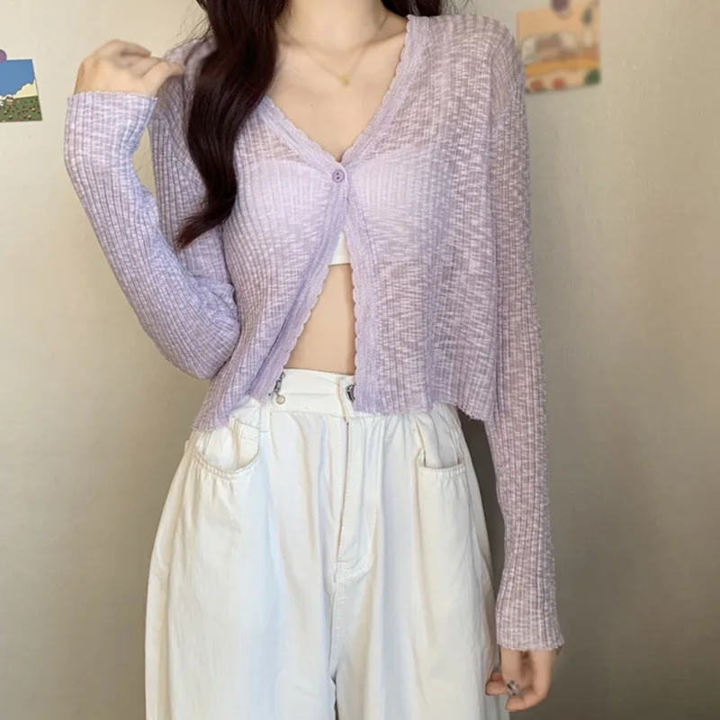 Ultra-thin Ice Silk Cardigan Female Sweet V-neck Short Knitting Breathable Top Solid Color Summer T-shirt