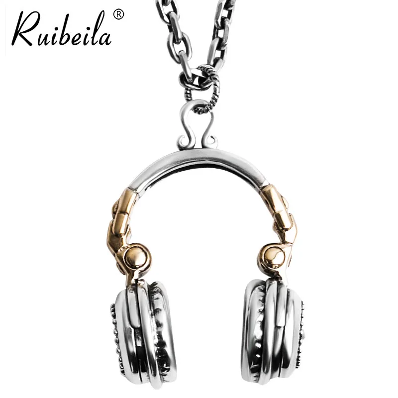 Ruibeila925 Argent Rétro Personnalité Oeil de Dieu Musique Casque Pendentif Européen et Américain Punk Style Collier