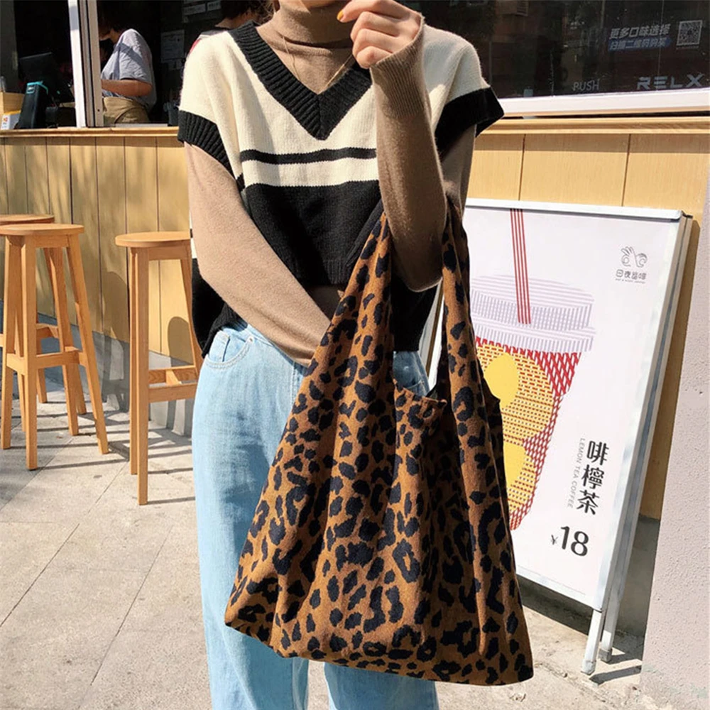 Female Ins Autumn and Winter Leopard Print Chic Korean Corduroy Shoulder Canvas Bag Shopping Tote Bag Women\'s Shopper Bag Bolsas